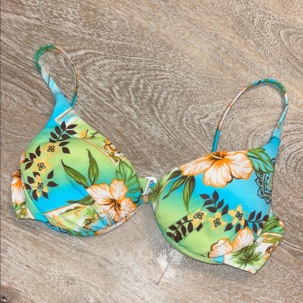 Vintage Floral Bikini Top - Blue and Green